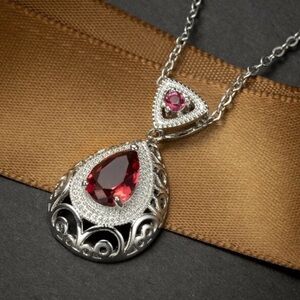 Red Fire Drop Pendant, Silver-tone Gothic, Victorian Necklace